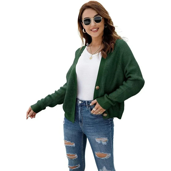 ❤️Women's Green  Long Sleeve Open Front Cardigan Single Breasted Knitted Sweater - Picture 4 of 7